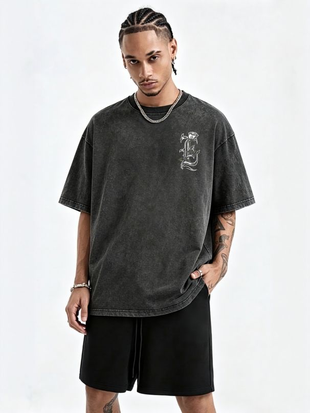 230g Washed Men T-Shirt Gothic Letter E With White Rose Graphic Print Short Sleeve Crew Neck Casual Streetwear Top_viptrois.com
