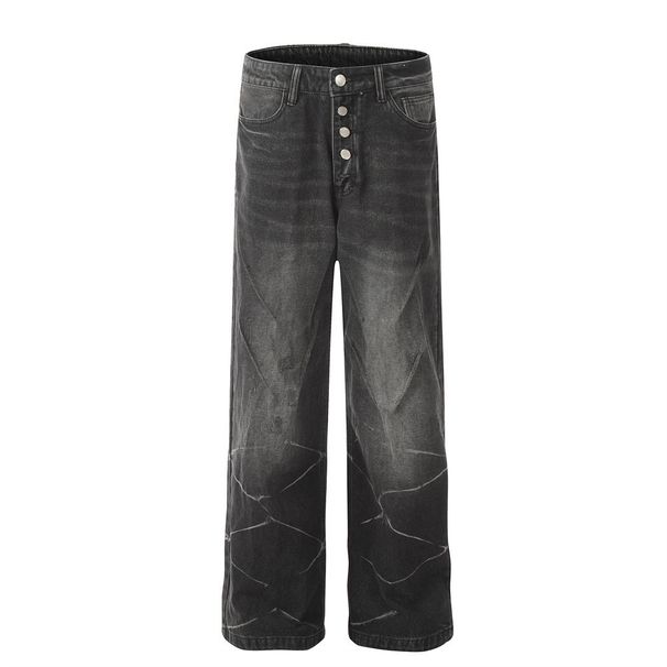 Men's Punk Distressed Washed Loose Straight Jeans Street Style Button Closure Casual Wide-Leg Pants_viptrois.com