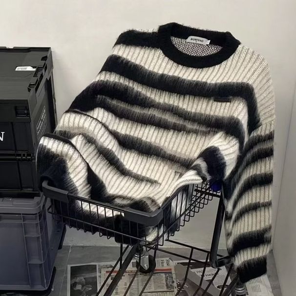 Striped Color-Block Sweater For Men, Autumn And Winter, Lazy Style, High-End Feel, Versatile Loose Round Neck Knitwear,_viptrois.com