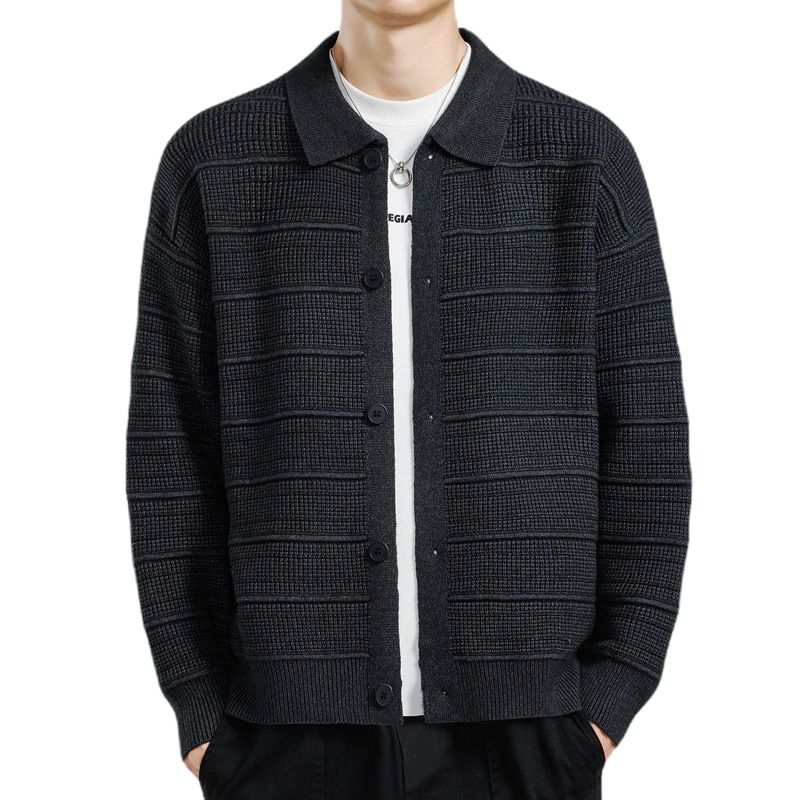 Men's Plus Size Knit Cardigan - Breathable Polo Collar Open Front Sweater, Casual Loose Fit Long Sleeve Pullover For Summer (Black, Green, Brown)_viptrois.com