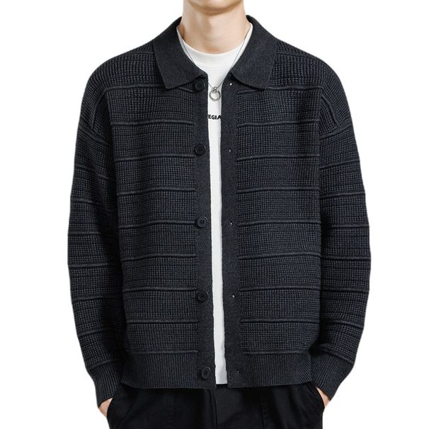 Men's Plus Size Knit Cardigan - Breathable Polo Collar Open Front Sweater, Casual Loose Fit Long Sleeve Pullover For Summer (Black, Green, Brown)_viptrois.com