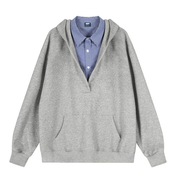 Two-Piece Plaid Patchwork Shirt Collar Hooded Sweatshirt Men's Trendy Brand Design Sense Personality Half Cardigan_viptrois.com