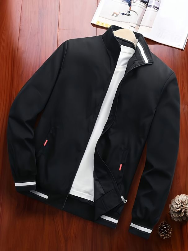 Plus Size Loose Casual Trendy Solid Color Stand Striped Collar Ribbed Men's Jacket Suitable For All Seasons_viptrois.com