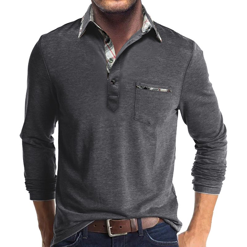 Men's Long Sleeve Polo Shirt - Striped Contrast Collar Casual T-Shirt, Stretch Cotton Blend For Fall & Spring (S-XXXL, 12 Colors)_viptrois.com