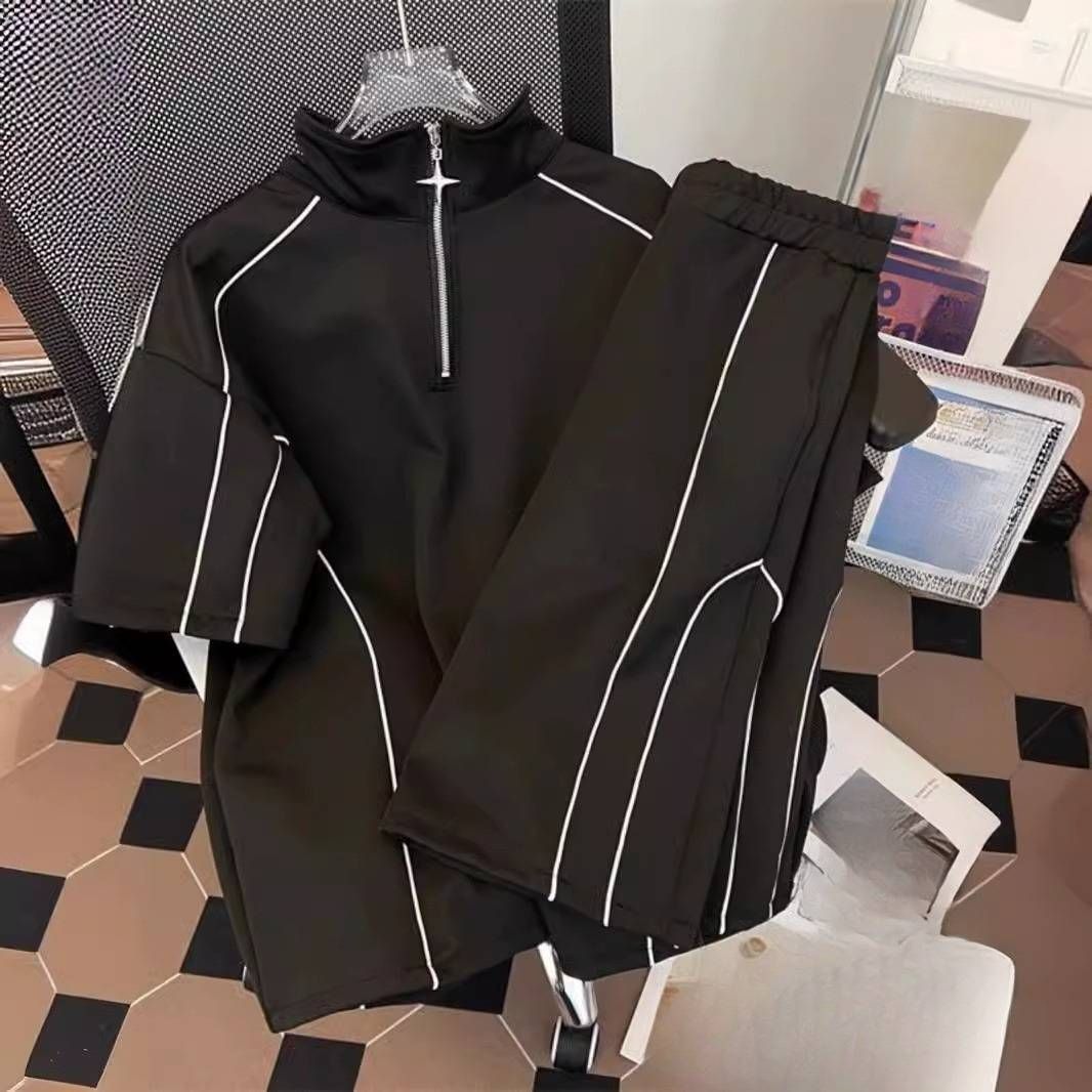 Men's Clothing Trendy Casual Sports Suit Men's Summer Loose Half Zip Short Sleeved Shorts Two Piece Suit_viptrois.com