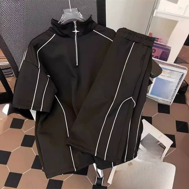 Men's Clothing Trendy Casual Sports Suit Men's Summer Loose Half Zip Short Sleeved Shorts Two Piece Suit_viptrois.com
