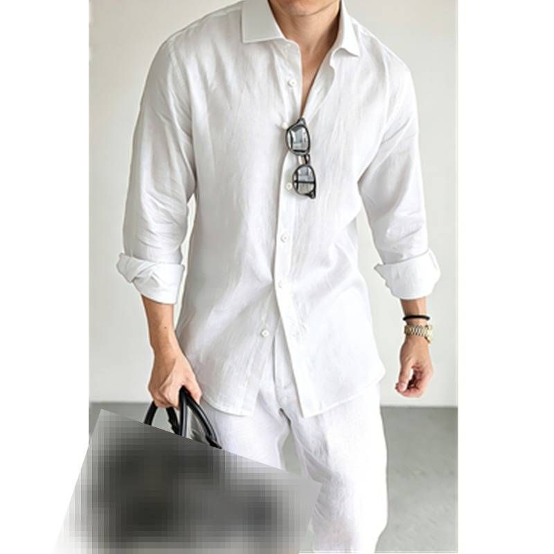 Men's Clothing Men's Long Sleeved Shirt Breathable Lapel Solid Color Cotton Linen Wrinkle Free Cardigan For Formal & Casual_viptrois.com