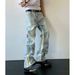 American 2025 Summer High Street Jeans Spliced With Washed Light Colored Denim Straight Leg For Slimming Men's Pants_viptrois.com