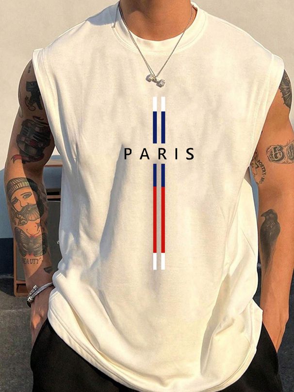 100% Pure Cotton Men's Summer Casual Sports Fitness Loose Paris Pattern Printed Breathable Round Neck Sleeveless Vest_viptrois.com