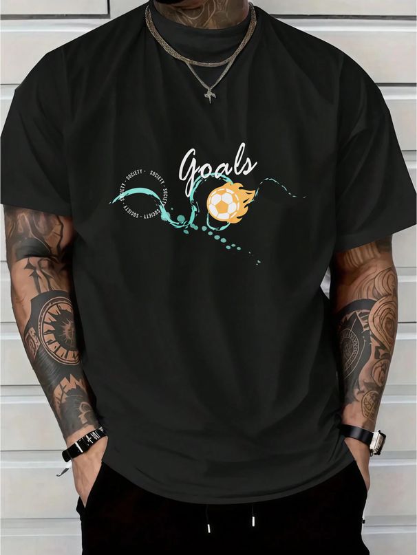 Sports Style Men's T-Shirt Soccer Goals Graphic Print Casual Crew Neck Short Sleeve Cotton Tee For Daily Wear_viptrois.com
