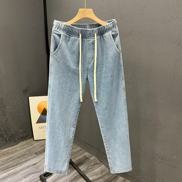 Spring Summer Elastic Waistband Long Jeans Men Stretch No-Iron Drawstring Straight Loose Casual Thin Versatile Harem_viptrois.com