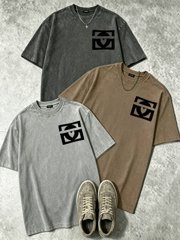 100% Cotton Washed Vintage Men's 3-Pack T-shirts Heart In Geometric Frame Monogram Print Crew Neck Short Sleeve Casual Tops In Gray Brown Light Gray_viptrois.com