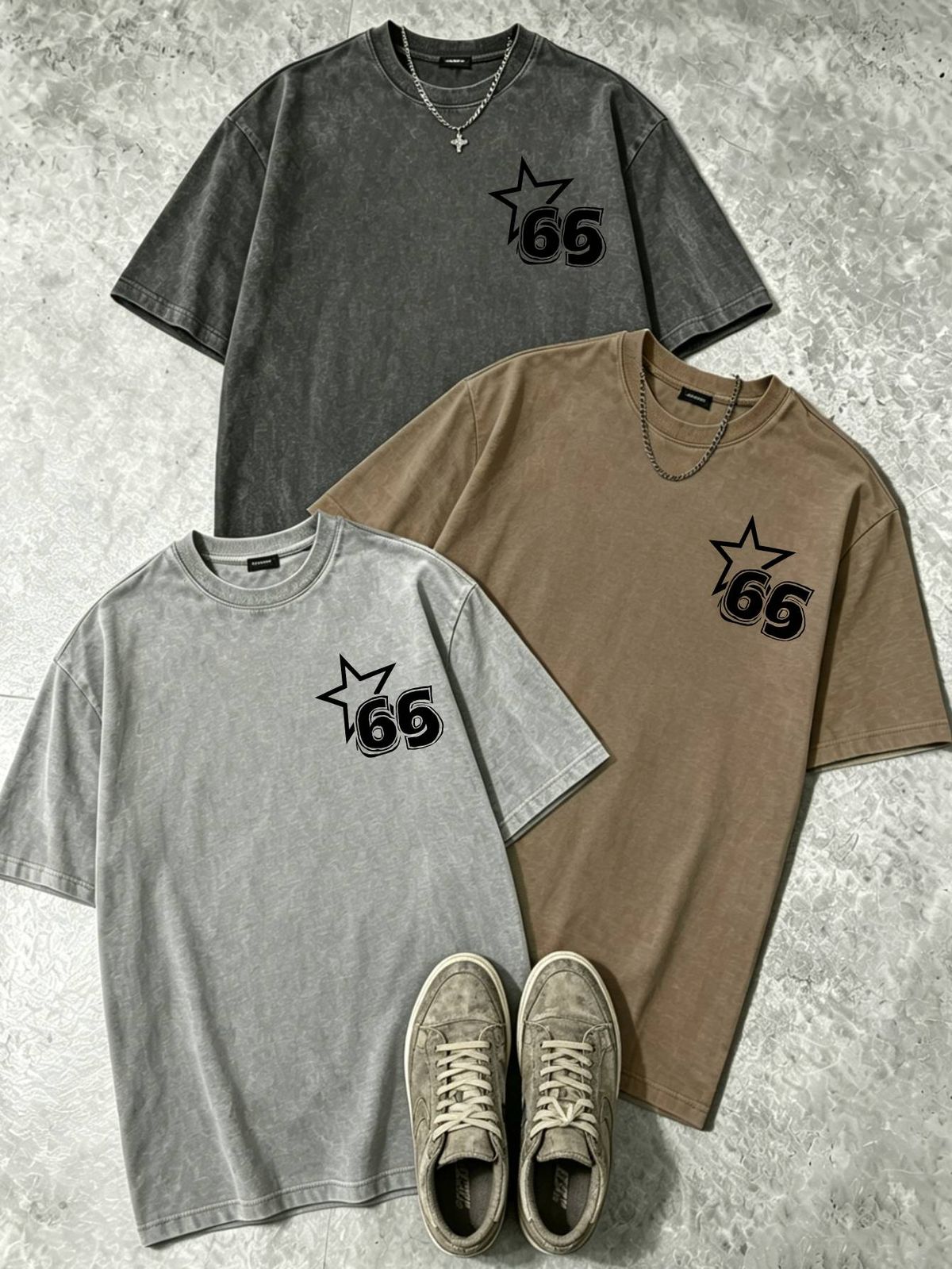 100% Cotton Washed Vintage Men's 3-Pack T-shirts Star 66 Number Print Crew Neck Short Sleeve Casual Tops In Gray Brown Light Gray_viptrois.com