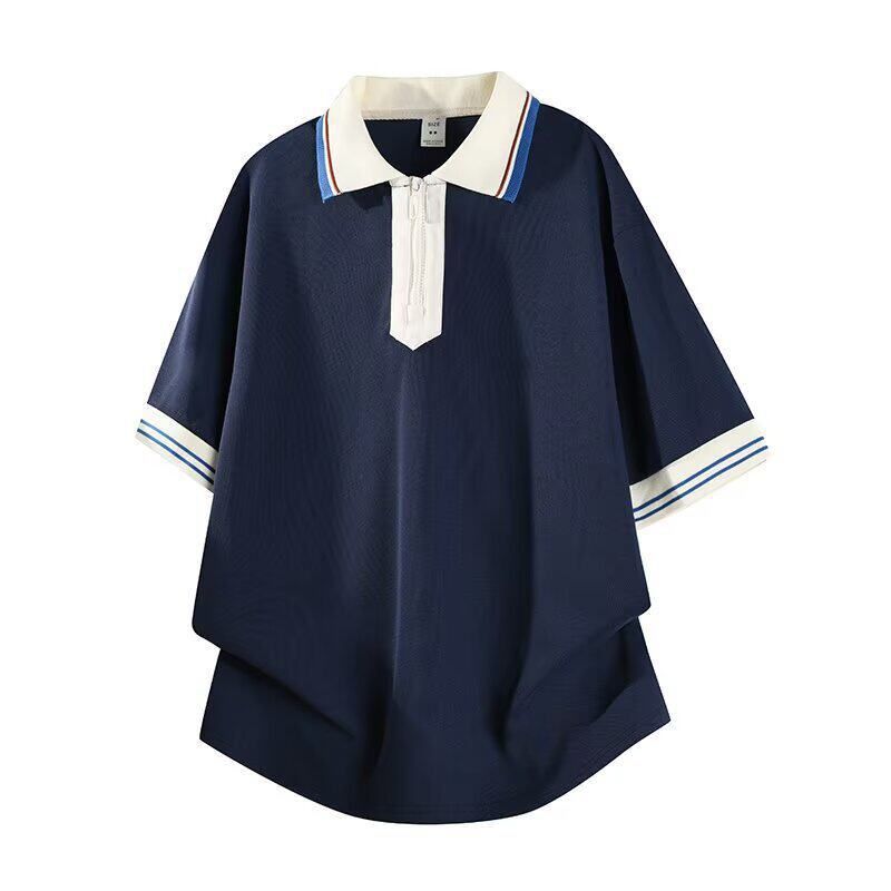 Men's American Style Casual Loose Short Sleeved T-Shirt Trendy Patchwork Collared Polo Shirt New Summer Style_viptrois.com