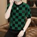 High End European Knitted Short Sleeved Men's 2025 Summer New Style Checkered Printed Hot Diamond Ice Silk T-shirt Round_viptrois.com
