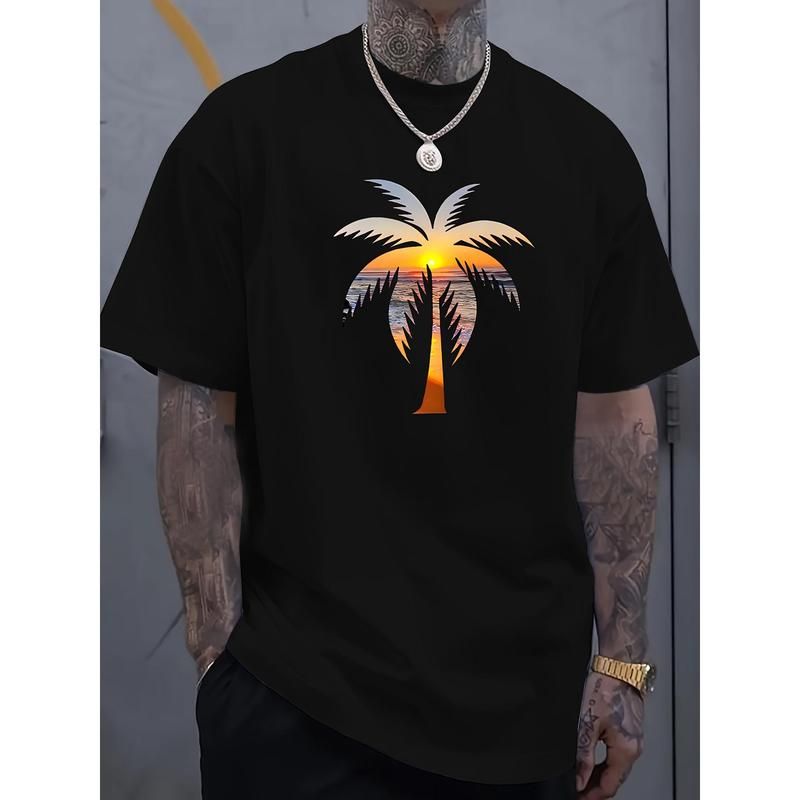 1pc Camiseta Algodón Casual Verano Hombres Con Estampado Cocotero Al Atardecer, Cuello Redondo, Manga Corta, Ligera_viptrois.com