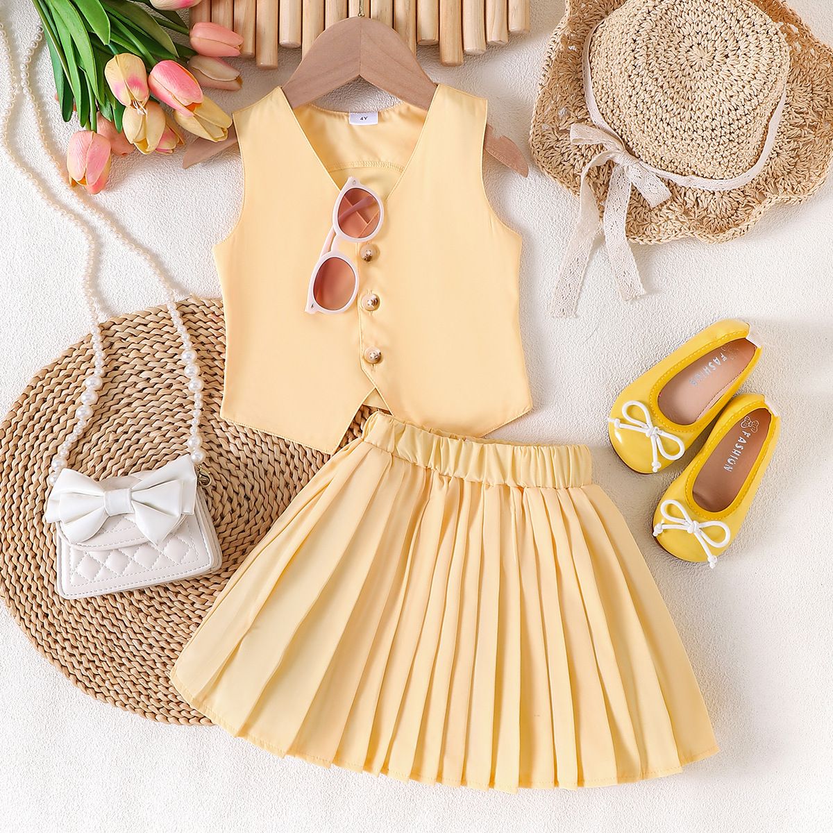 Kid's Clothing Summer Girls V Neck Sleeveless Jacket Vest Pleated Skirt Small And Medium Sized Children's Two Piece Suit_viptrois.com