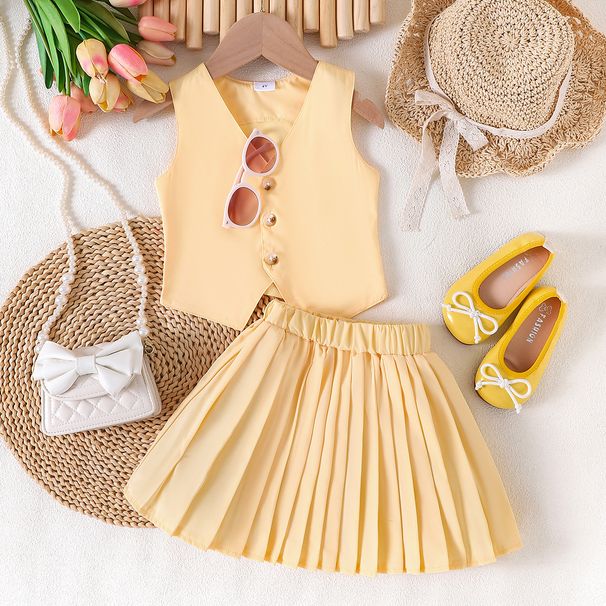 Kid's Clothing Summer Girls V Neck Sleeveless Jacket Vest Pleated Skirt Small And Medium Sized Children's Two Piece Suit_viptrois.com