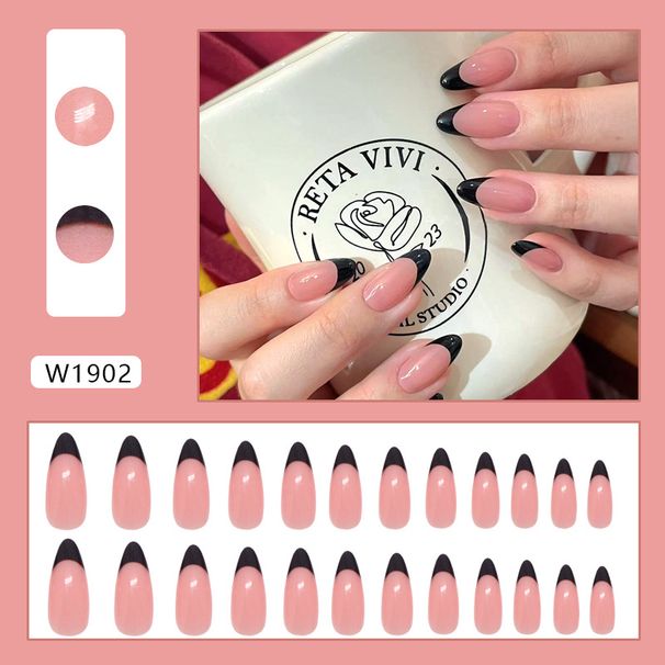 False Nails Simple Black French Medium Length Almond Nails Whitening Atmosphere Ins Style Detachable Wearable Nails_viptrois.com