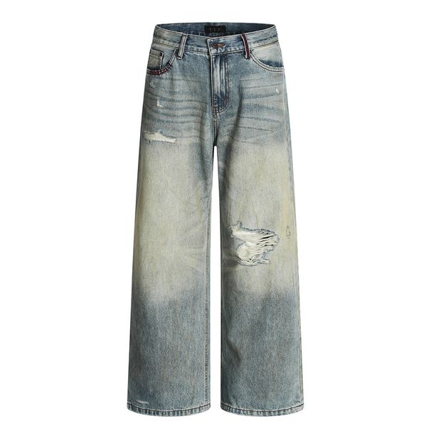 Post-apocalyptic Style Washed Gradient Ripped Jeans Men's Street Fashion Vintage Dirty Wide-leg Straight Long Pants_viptrois.com
