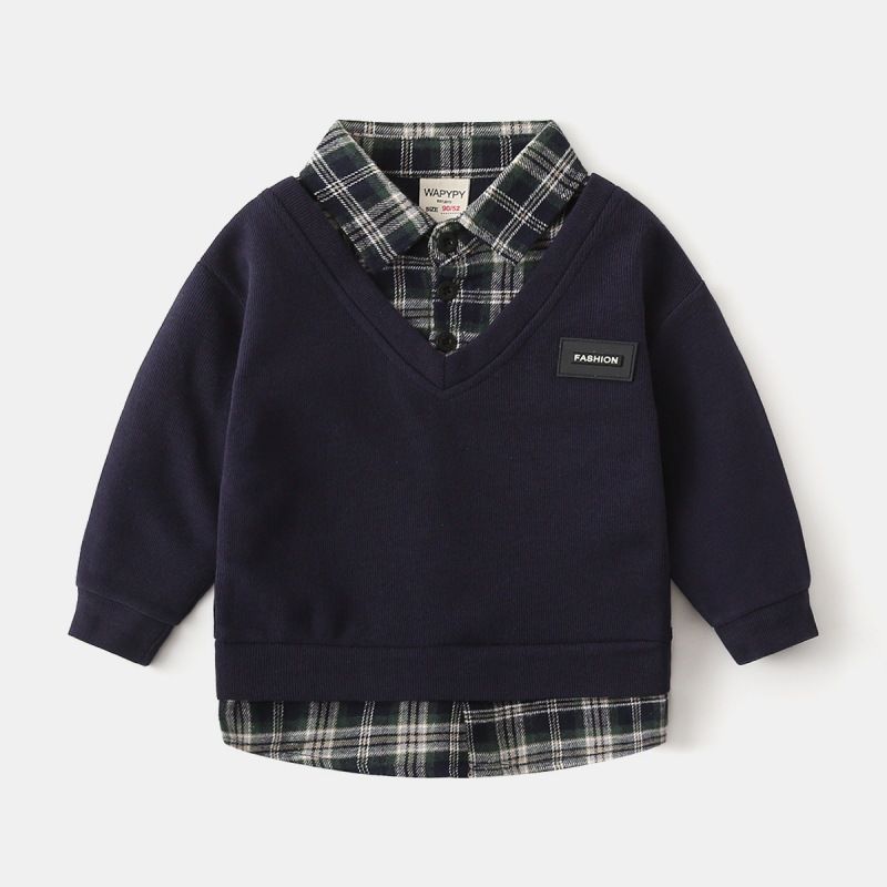 Children's Fake Two Piece Sweatshirt Wholesale 2025 New Korean Version Boy Baby Shirt Collar Splicing Sweatshirt One Piece Drop Shipping_viptrois.com
