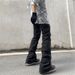 High Street Vibes Pleated Trousers - Unisex Stacked Hem Jogger Pants With Drawstring Waist & Flared Silhouette (Black/Grey)_viptrois.com