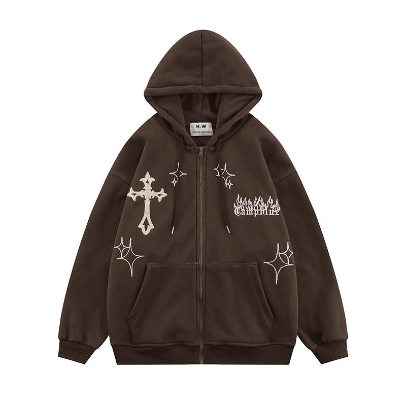 Men's Clothing Trendy Hooded Cardigan Sweatshirt For Men And Women Cross Embroidery Couple Trendy Street Loose Hoodie Jacket_viptrois.com