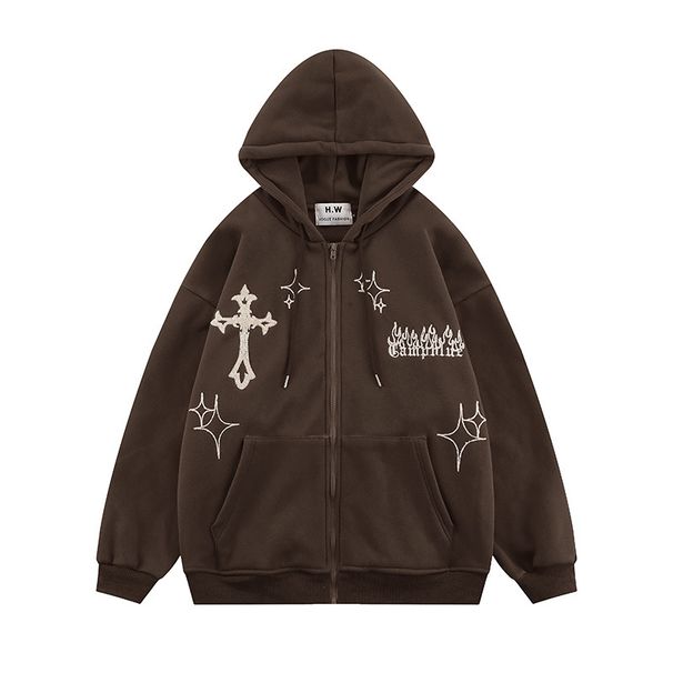 Men's Clothing Trendy Hooded Cardigan Sweatshirt For Men And Women Cross Embroidery Couple Trendy Street Loose Hoodie Jacket_viptrois.com