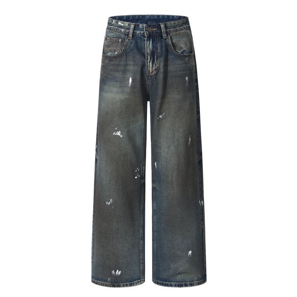 Post-apocalyptic Dirty Jeans Niche Street Trend Punk Paint Spray Dyeing Distressed Casual Straight Long Pants For Men_viptrois.com
