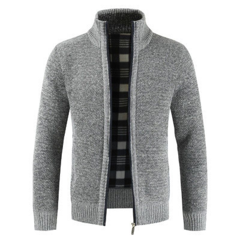Men's Fleece Lined Zip Up Sweater - Warm Winter Knit Cardigan With Stand Collar, Solid Color Casual Outerwear_viptrois.com