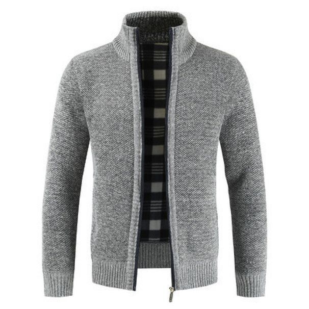 Men's Fleece Lined Zip Up Sweater - Warm Winter Knit Cardigan With Stand Collar, Solid Color Casual Outerwear_viptrois.com