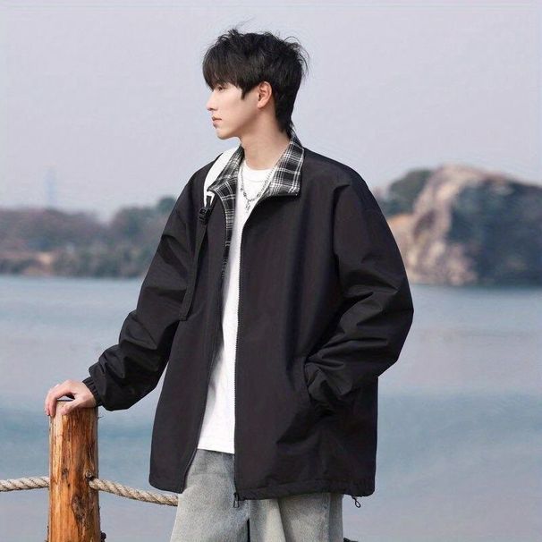 Vintage Plaid Patchwork Jacket For Men, Spring And Autumn Retro Design, Hoodless Top, American Style Turn-down Collar_viptrois.com