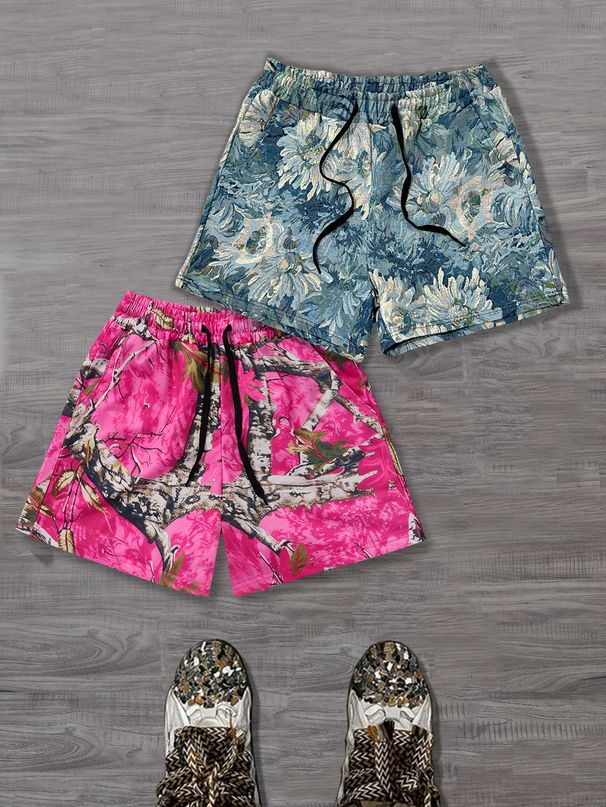 Men's Clothing Blue And White Flowers And Camouflage Branches Pattern Drawstring Shorts_viptrois.com