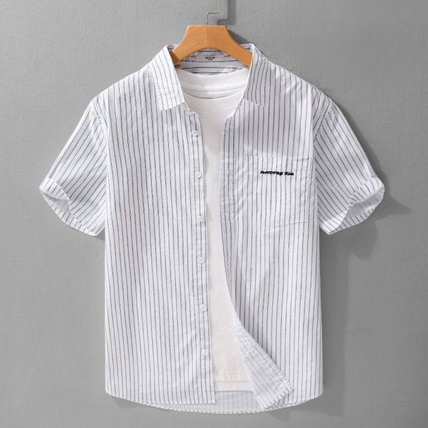 Embroidered Summer Stripes Casual Handsome Refreshing Shirt Striped Half Sleeve Fashion Men's Lining With Cedar Tide_viptrois.com