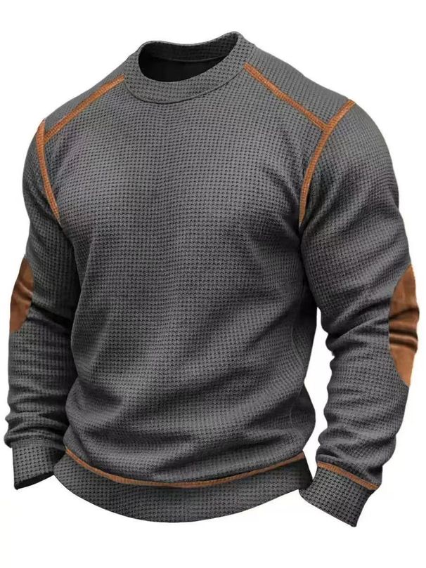 Cross-Border Foreign Trade New Hot Selling Long Sleeve Waffle Round Neck Top Sports Casual Men's T-Shirt_viptrois.com
