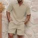 Men's Clothing Casual Trend Fashion Comfortable Waffle Solid Color Lapel Shirt Sports Suit_viptrois.com