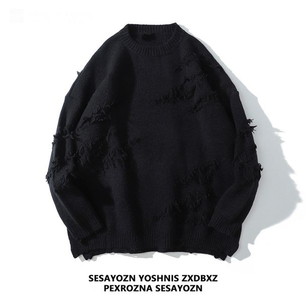 Unisex Clothing Breathable Casual High Street Design Niche Tassel Sweater Men And Women Trendy Brand Loose Couple Round Neck Sweater_viptrois.com