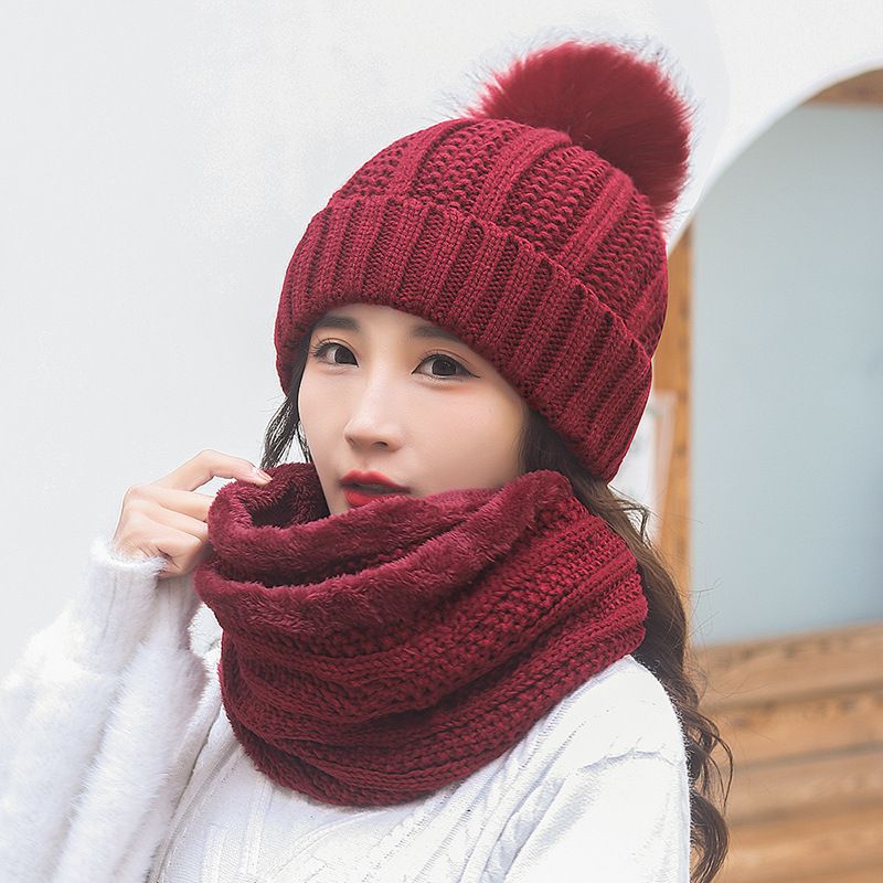 wool Knitting Ladies Autumn And Winter Fashion Warm Version Of The Trendy All-match Plus Fleece Hat Scarf Set_viptrois.com