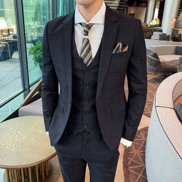 Men's three-piece suit youth plaid small suit suit autumn and winter handsome groom wedding dress business formal wear_viptrois.com