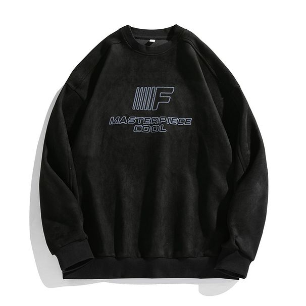 Suede-Fleece Crewneck Sweatshirt – Split-Panel Streetwear Pullover With Embroidered Typography (Unisex, S-XXXL, Black/Olive/Stone, 96% Polyester)_viptrois.com