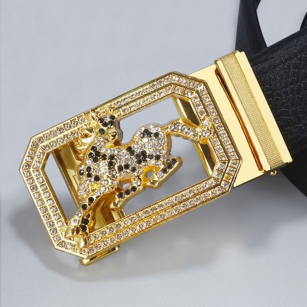Men's Leather Belt With Rhinestones Inlaid With Zodiac Signs Automatic Buckle Fashionable Belt For Young People_viptrois.com