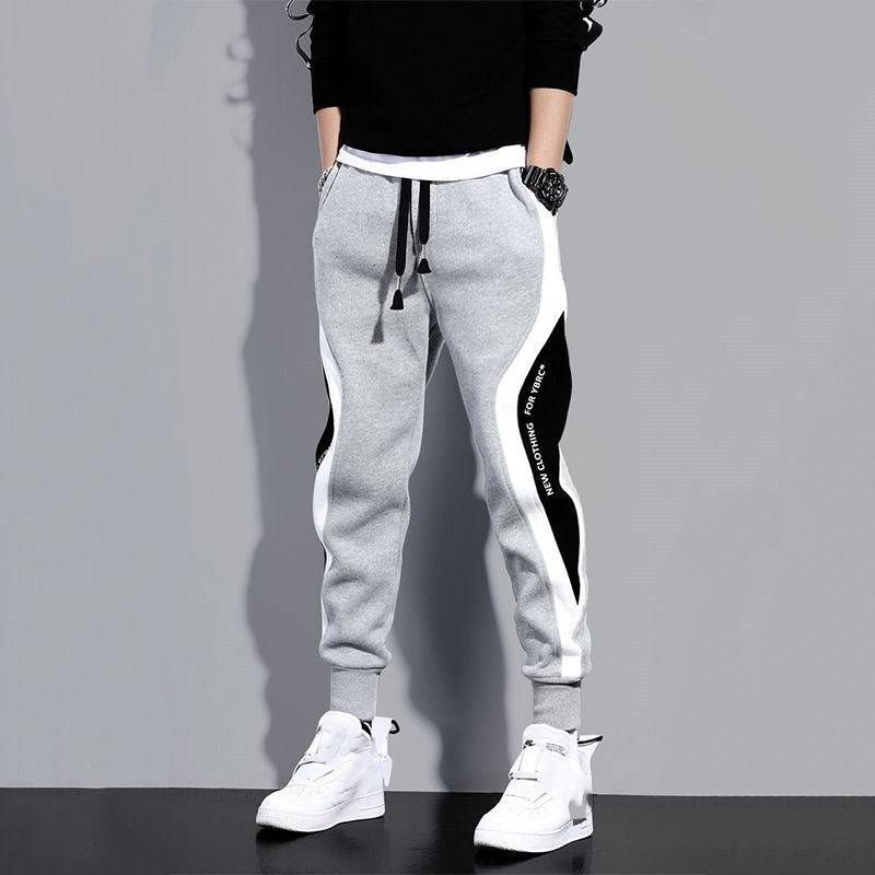 Men's Clothing Velvet Pants Autumn And Winter New Thick Warm Fashion Stitching Contrast Color Trend Embroidery Cuff Sweatpants_viptrois.com