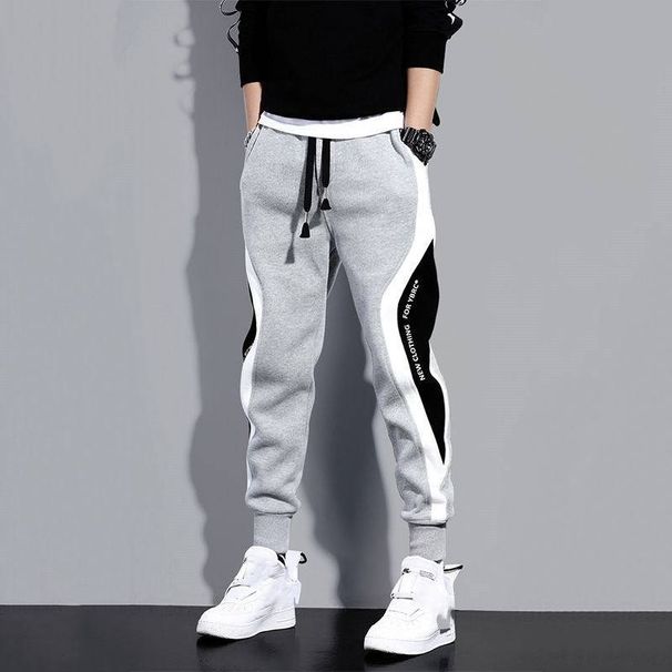 Men's Clothing Velvet Pants Autumn And Winter New Thick Warm Fashion Stitching Contrast Color Trend Embroidery Cuff Sweatpants_viptrois.com