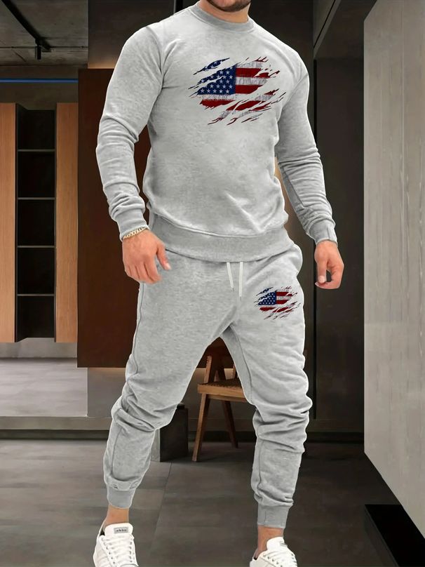 Men's Autumn And Winter Casual Warm American Flag Print Loose Thick Velvet Round Neck Sports Shirt+sports Pants Set_viptrois.com
