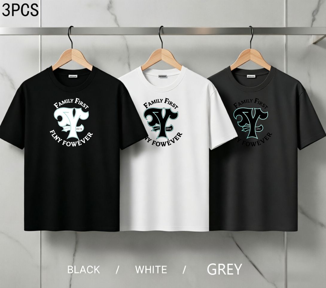 3 Pack Men's Oversized T-Shirts, 100% Cotton Crew Neck Casual Tees, Relaxed Fit Gothic "Family First" Monogram Print Design, Black White Grey_viptrois.com