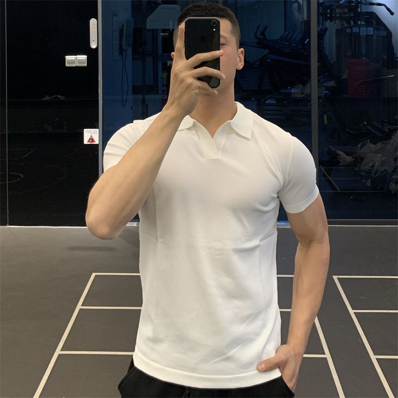 Men's V-Neck Polo Knit Short Sleeve Shirts, Notch Collar British Business Ice Silk Summer T-Shirt Tops_viptrois.com