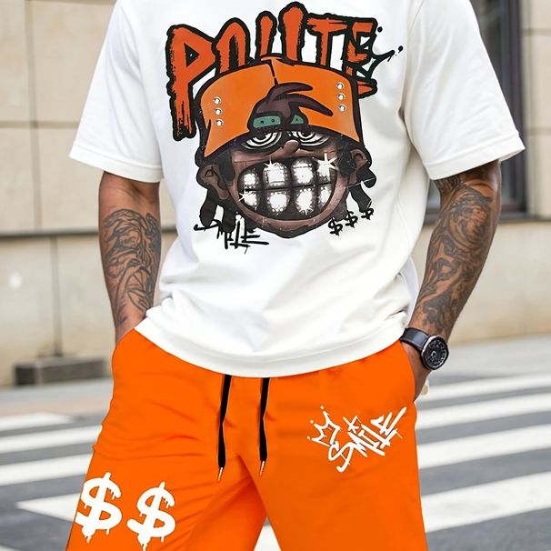 Men's Cotton Hip Hop Pattern T Shirt White Short Sleeve Round Cotton T Shirt_viptrois.com