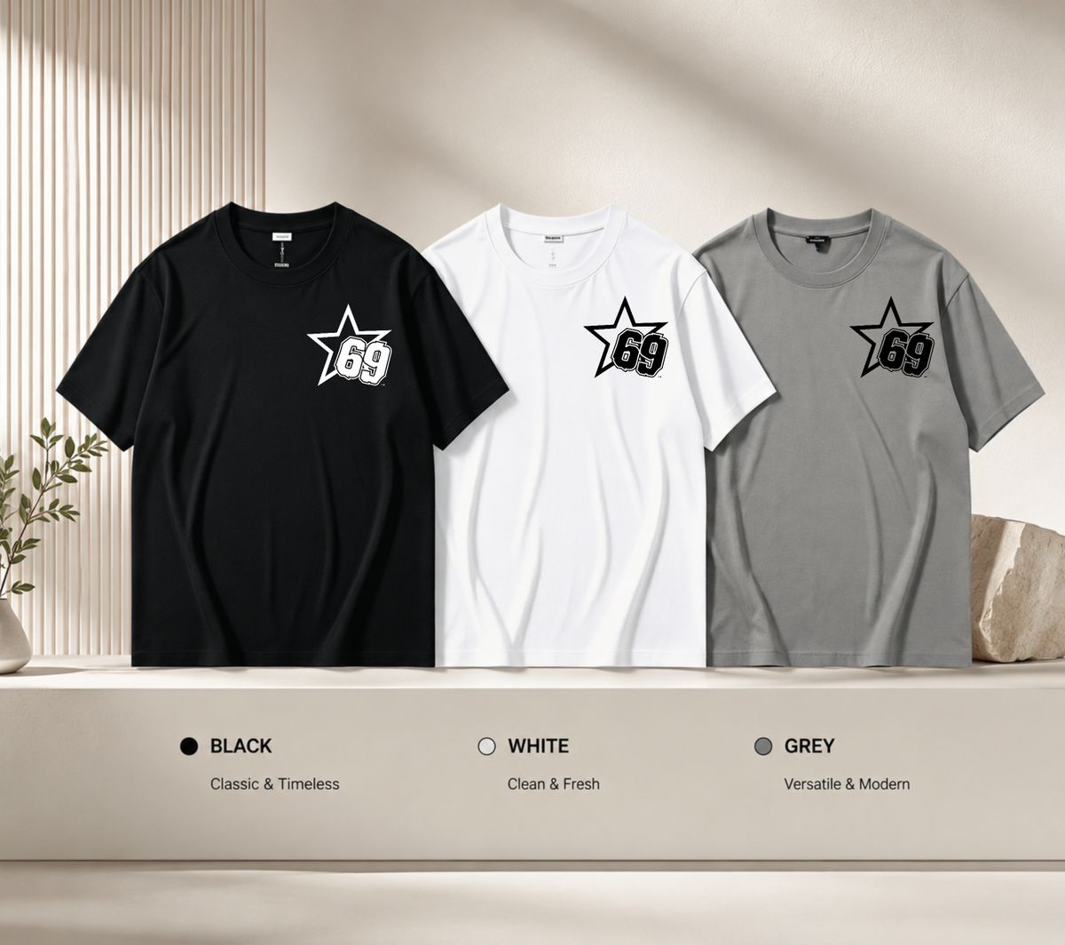 3 Pack Premium Men's Star Outline 69 Number Printed T-Shirt, Heavy Cotton Crew Neck Casual Tee Luxury Summer Essential Black White Grey_viptrois.com