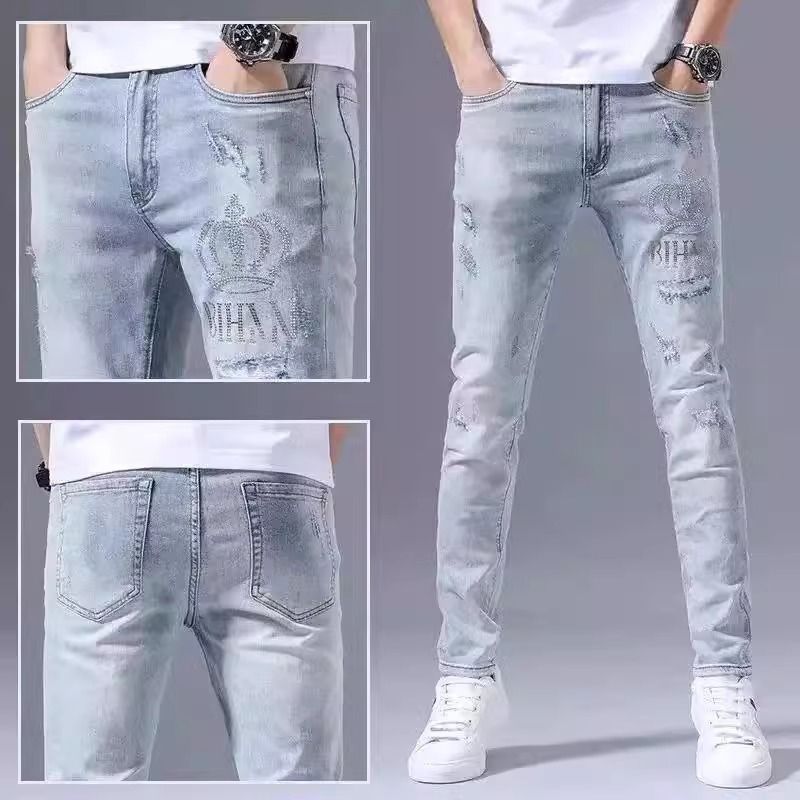 Men's Clothing Spring And Autumn Ripped Jeans Men's Slim Fit Skinny Jeans Trendy Brand Hot Diamond Light Blue Thin Long Trousers_viptrois.com