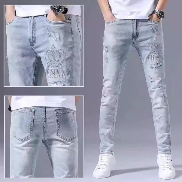 Men's Clothing Spring And Autumn Ripped Jeans Men's Slim Fit Skinny Jeans Trendy Brand Hot Diamond Light Blue Thin Long Trousers_viptrois.com